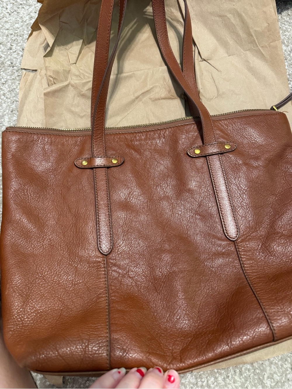 Fossil Leather Tote in Warm Chestnut Brown - Picture 2 of 6